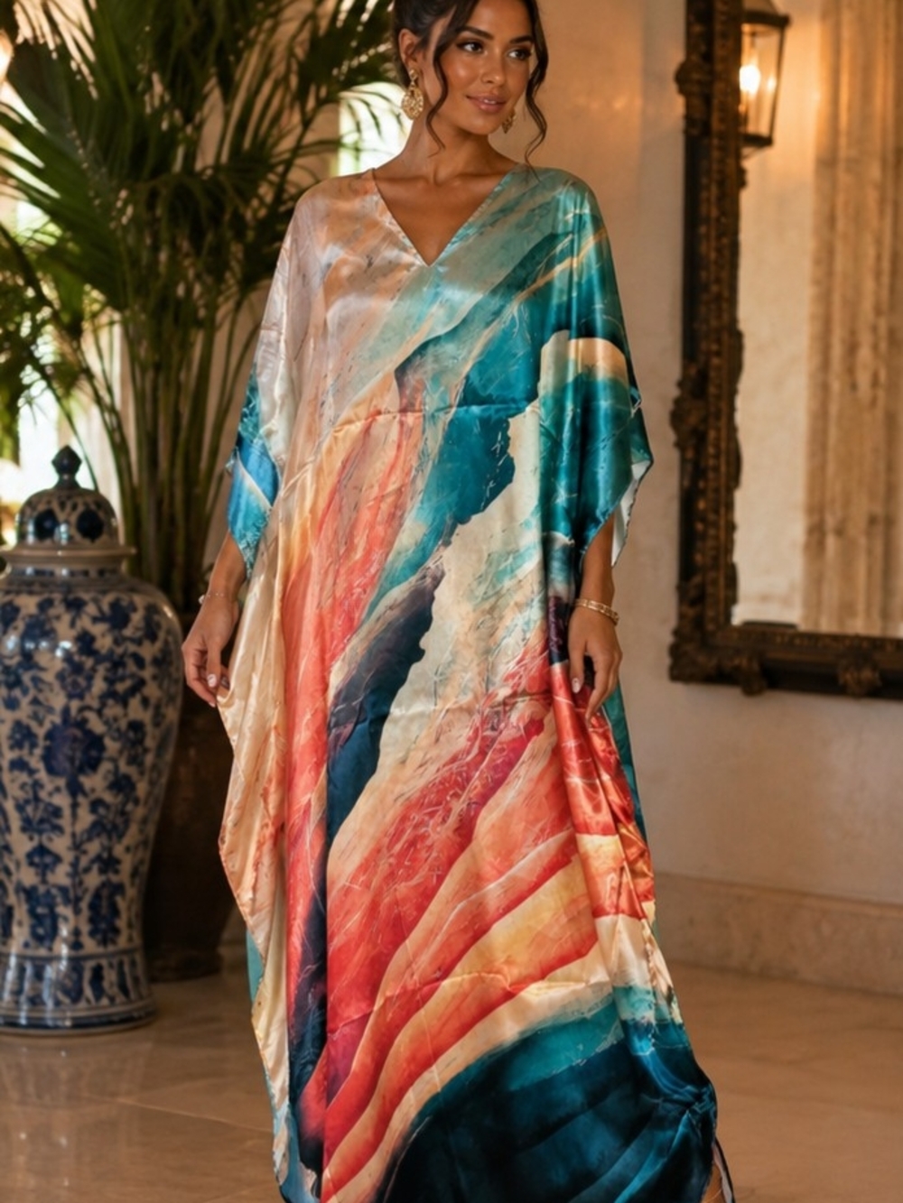 Goddess Teal Coral Cream V-Neck Maxi Dress